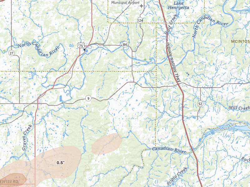Radar-estimated hail-size map of the storm over Dustin, OK on Apr 28, 2026