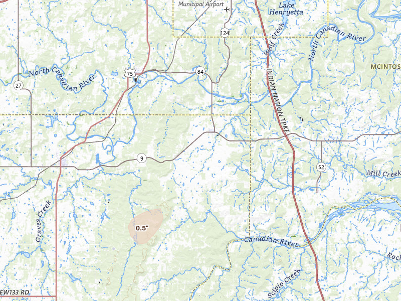 Radar-estimated hail-size map of the storm over Dustin, OK on Jun 3, 2026