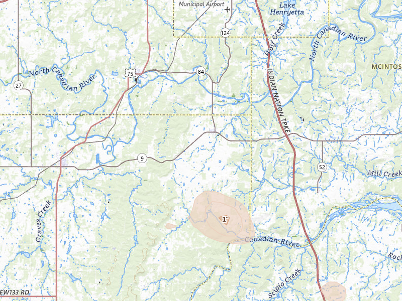 Radar-estimated hail-size map of the storm over Dustin, OK on Jun 12, 2026