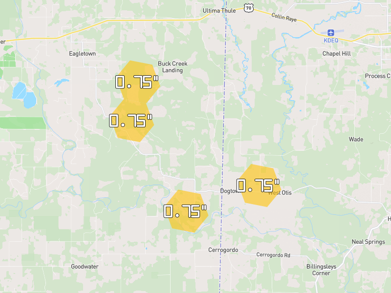 Hail map of Eagletown, OK on Jun 7, 2026, hail up to 0.75"