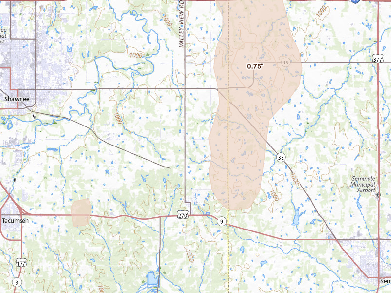 Radar-estimated hail-size map of the storm over Earlsboro, OK on Apr 10, 2026