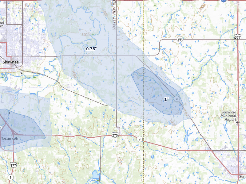 NEXRAD radar-signature map of the hail storm over Earlsboro, OK on Jul 4, 2026