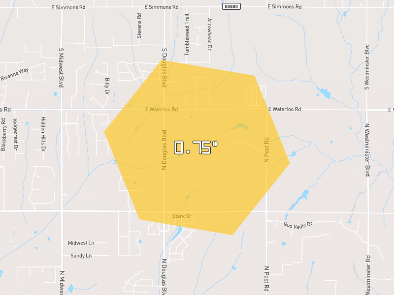 Hail map of Edmond, OK on Jun 2, 2026, hail up to 0.75"