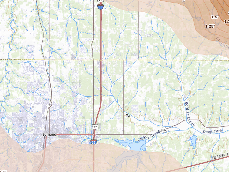 Radar-estimated hail-size map of the storm over Edmond, OK on Jun 26, 2026