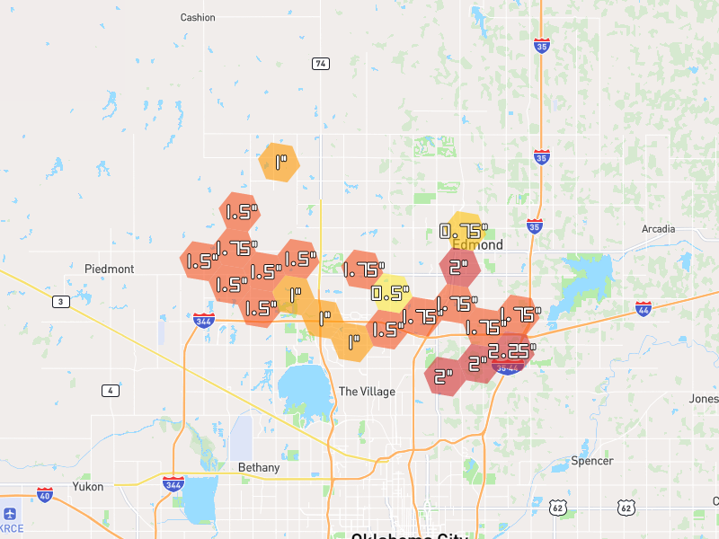 Hail map of Edmond, OK on Jun 27, 2026, hail up to 2.25"