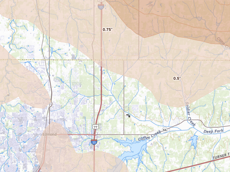 Radar-estimated hail-size map of the storm over Edmond, OK on Jul 4, 2026