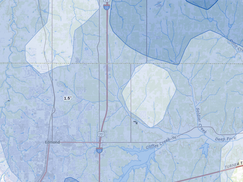 NEXRAD radar-signature map of the hail storm over Edmond, OK on Jul 4, 2026