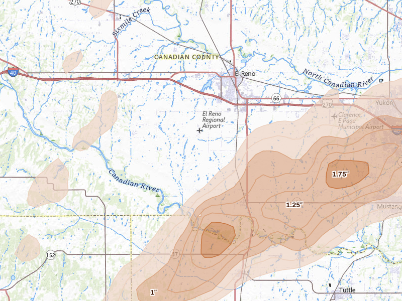 Radar-estimated hail-size map of the storm over El Reno, OK on Mar 10, 2026