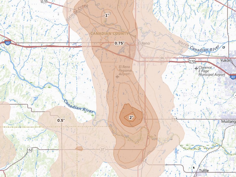 Radar-estimated hail-size map of the storm over El Reno, OK on Jun 11, 2026