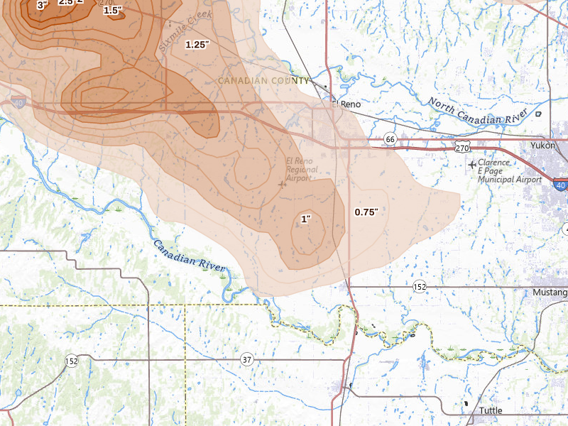 Radar-estimated hail-size map of the storm over El Reno, OK on Jun 26, 2026