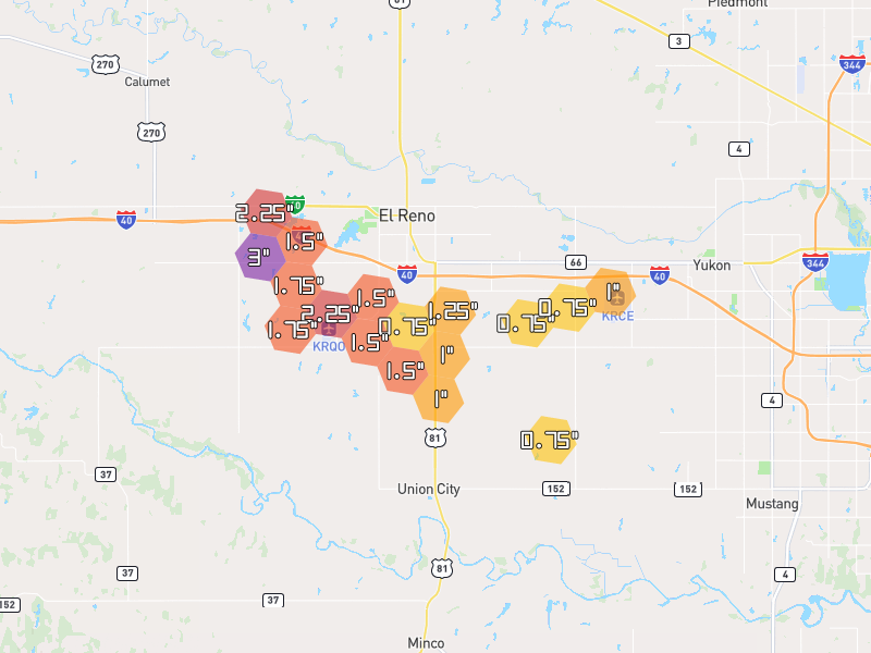 Hail map of El Reno, OK on Jun 27, 2026, hail up to 3"