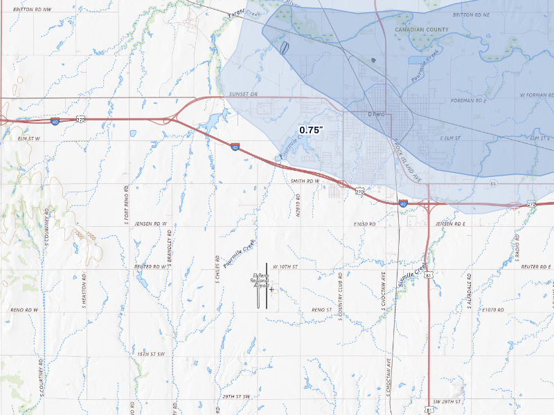 NEXRAD radar-signature map of the hail storm over El Reno, OK on Aug 7, 2026
