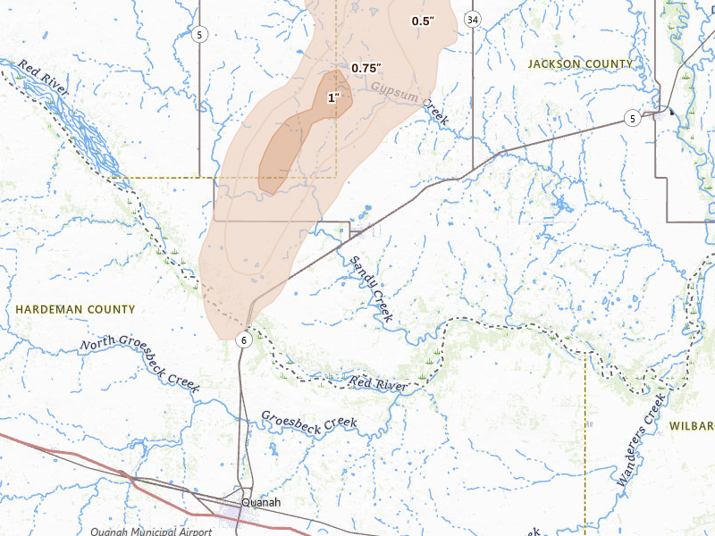 Radar-estimated hail-size map of the storm over Eldorado, OK on May 18, 2026