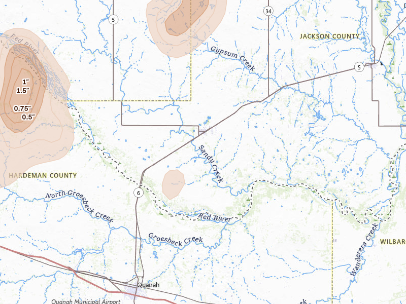 Radar-estimated hail-size map of the storm over Eldorado, OK on Jul 31, 2026
