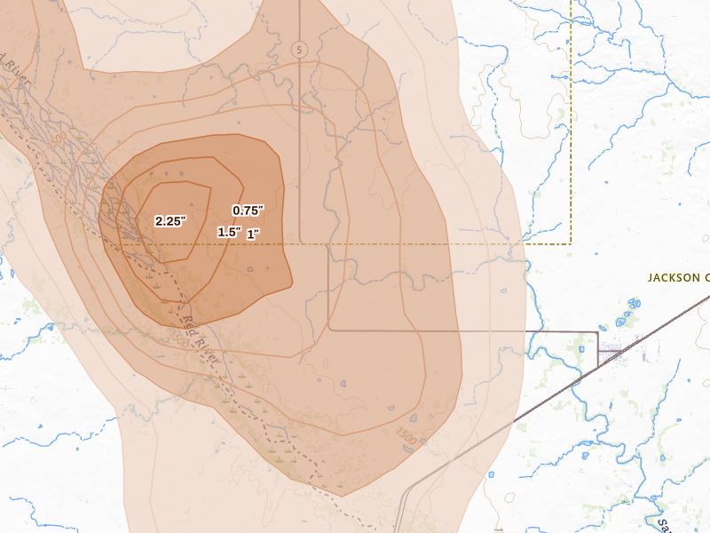 Radar-estimated hail-size map of the storm over Eldorado, OK on Aug 25, 2026