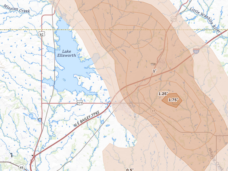 Radar-estimated hail-size map of the storm over Elgin, OK on May 8, 2026