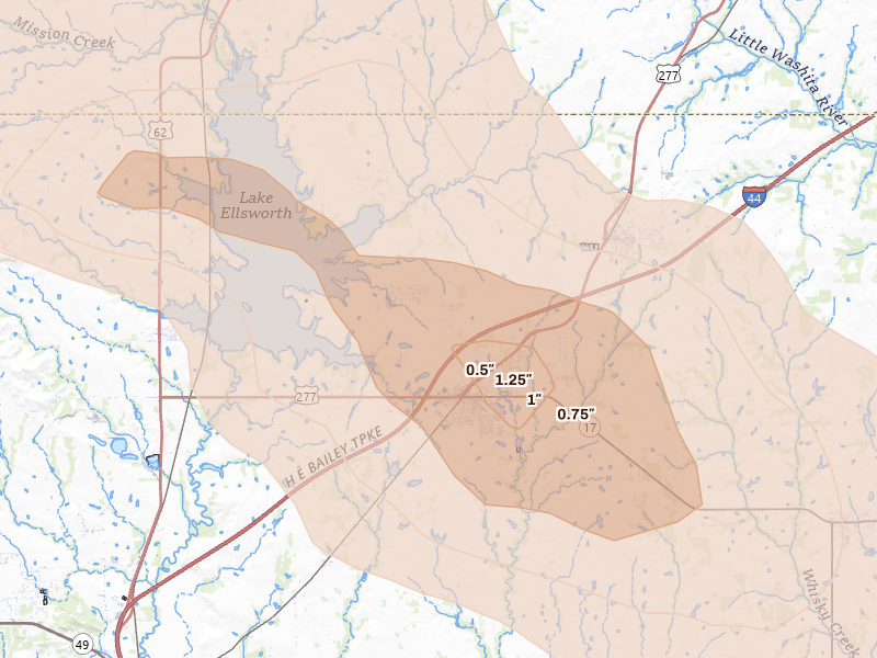 Radar-estimated hail-size map of the storm over Elgin, OK on May 9, 2026