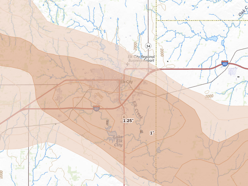 Radar-estimated hail-size map of the storm over Elk City, OK on May 9, 2026