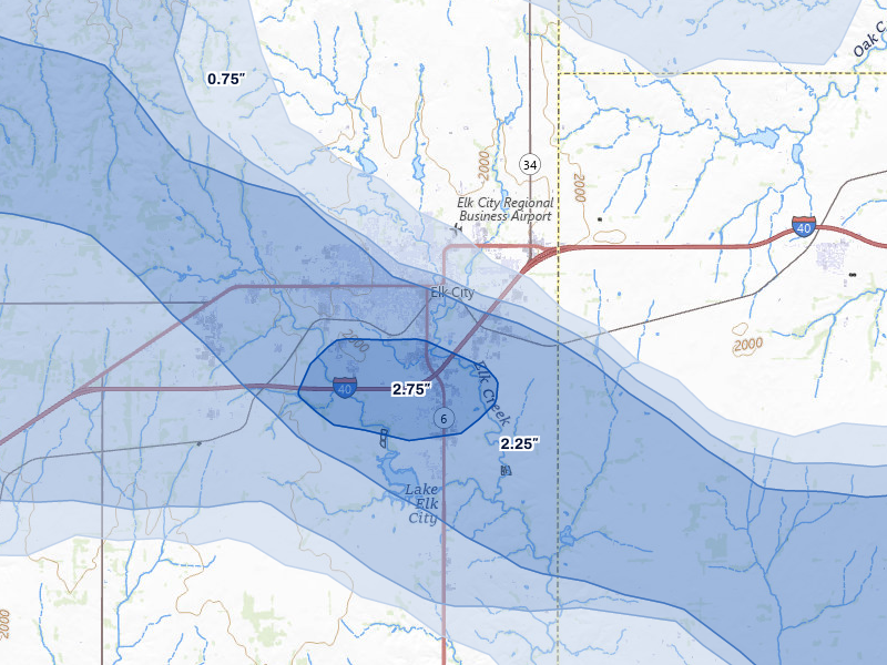 NEXRAD radar-signature map of the hail over Elk City, OK