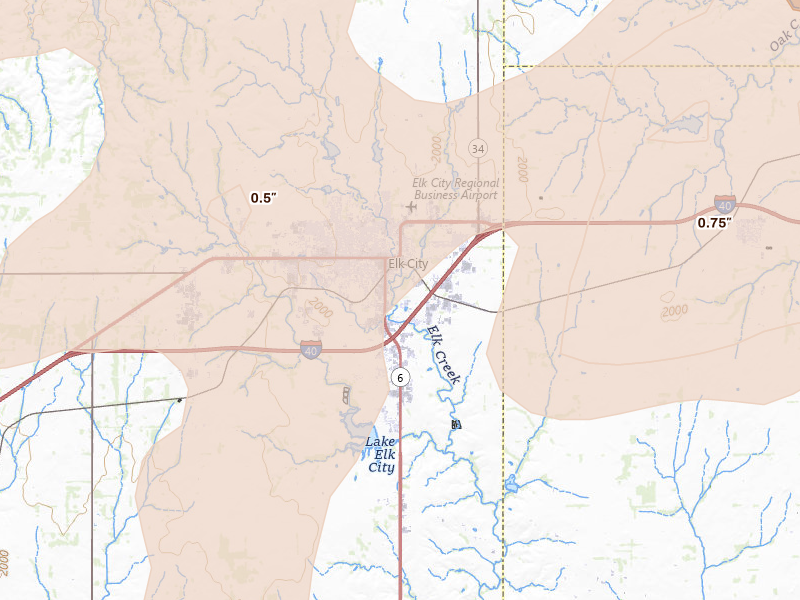 Radar-estimated hail-size map of the storm over Elk City, OK on May 18, 2026