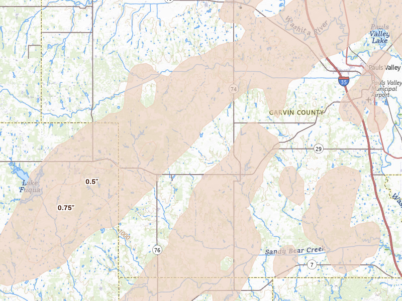 Radar-estimated hail-size map of the storm over Elmore City, OK on Mar 6, 2026