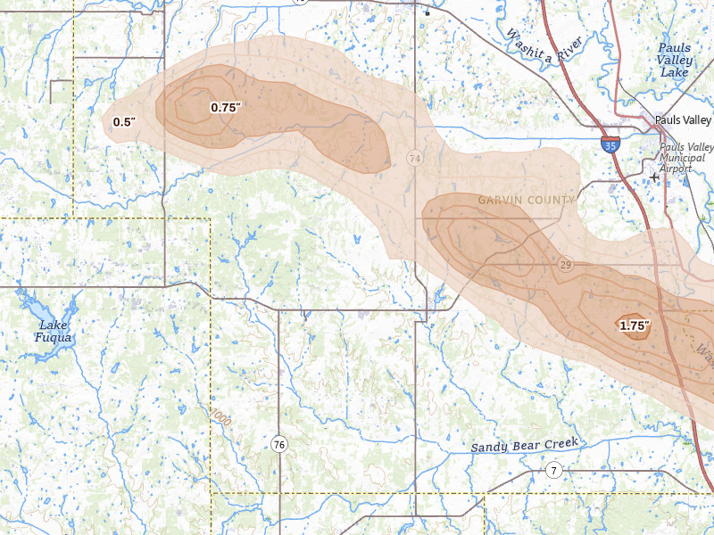 Radar-estimated hail-size map of the storm over Elmore City, OK on Apr 24, 2026