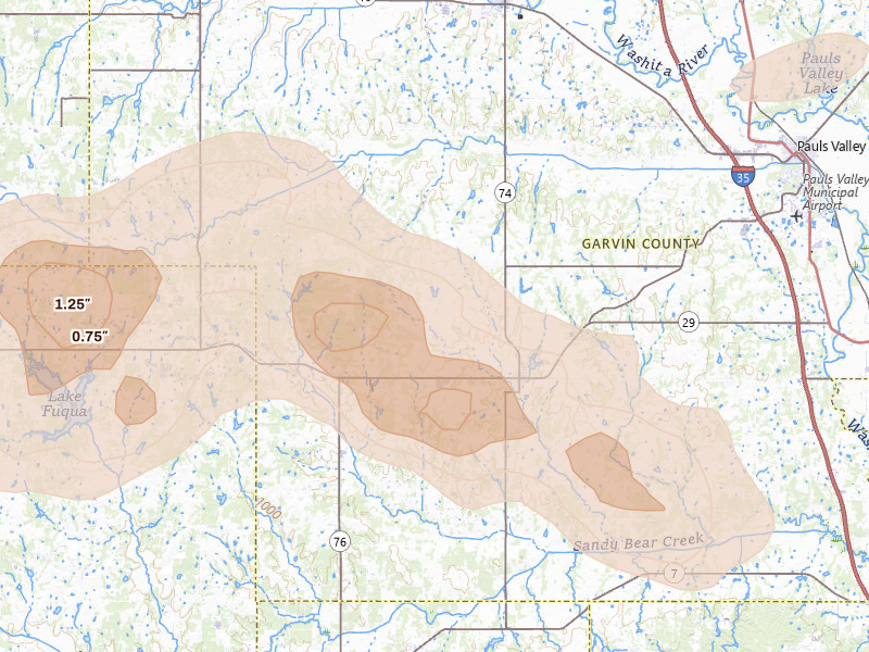Radar-estimated hail-size map of the storm over Elmore City, OK on Apr 25, 2026
