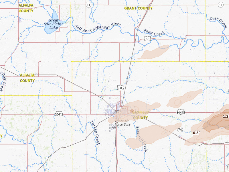 Radar-estimated hail-size map of the storm over Enid, OK on Apr 3, 2026