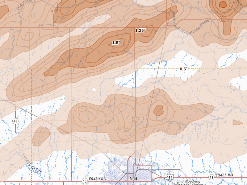Radar-estimated hail-size map of the storm over Enid, OK on Apr 17, 2026