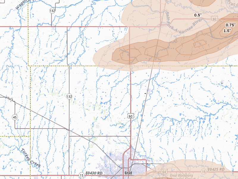 Radar-estimated hail-size map of the storm over Enid, OK on Apr 23, 2026