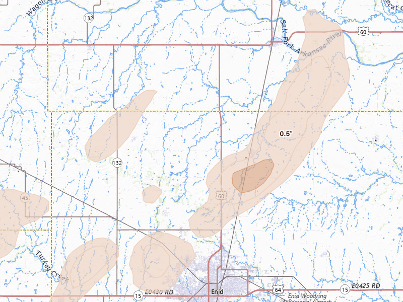 Radar-estimated hail-size map of the storm over Enid, OK on May 29, 2026