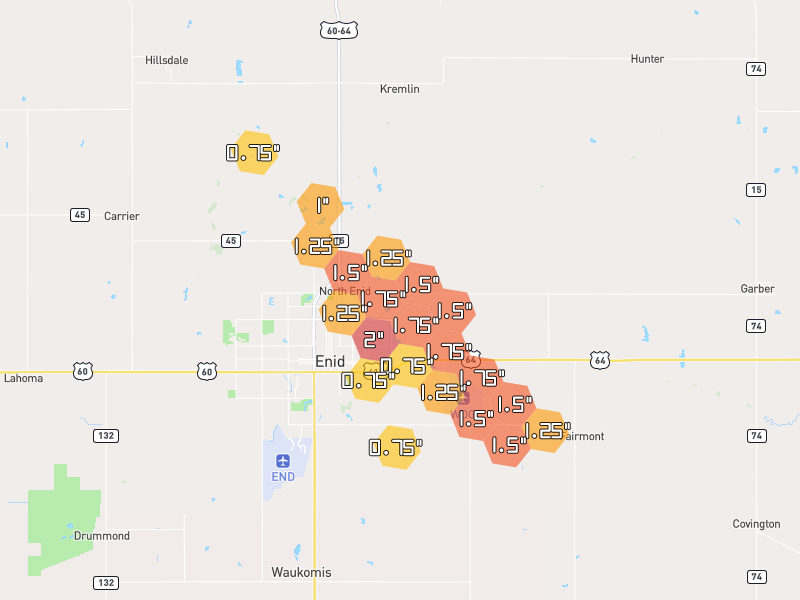 Hail map of Enid, OK on Jun 2, 2026, hail up to 2"