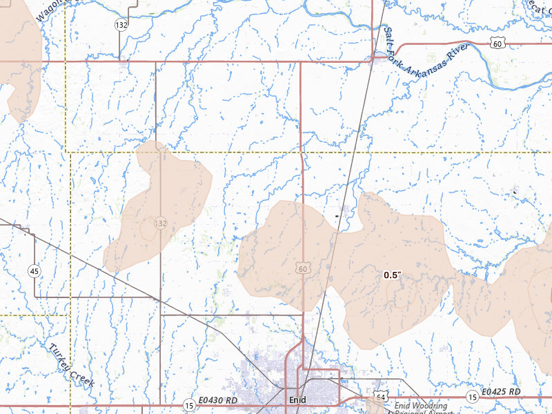 Radar-estimated hail-size map of the storm over Enid, OK on Jun 12, 2026