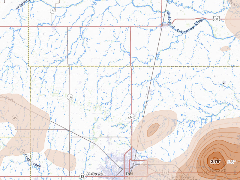 Radar-estimated hail-size map of the storm over Enid, OK on Jun 26, 2026