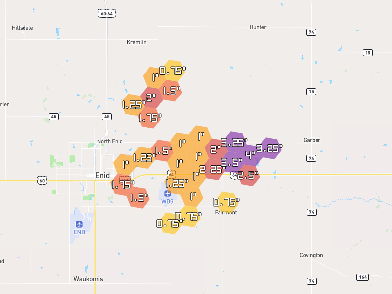 Hail map of Enid, OK on Jun 26, 2026, hail up to 4"