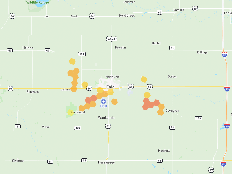 Hail map of Enid, OK on Jun 27, 2026, hail up to 1.75"