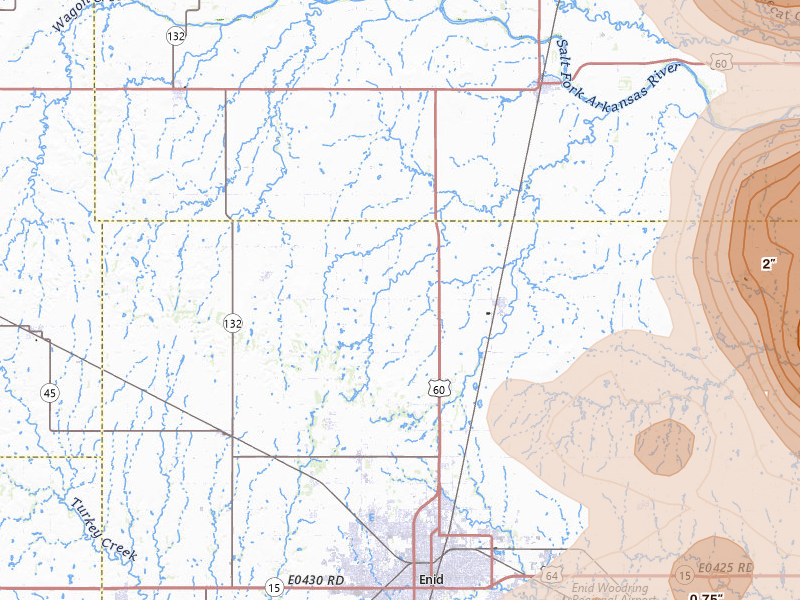 Radar-estimated hail-size map of the storm over Enid, OK on Jul 4, 2026