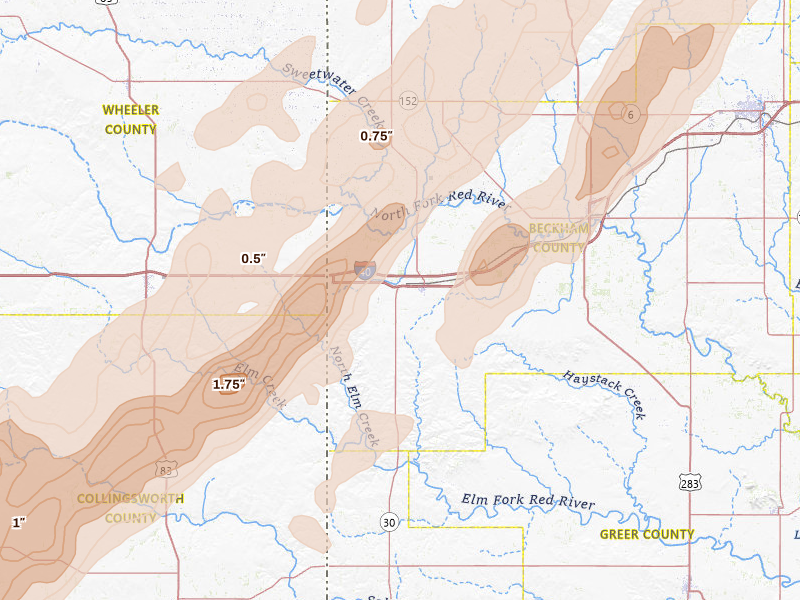 Radar-estimated hail-size map of the storm over Erick, OK on Mar 5, 2026