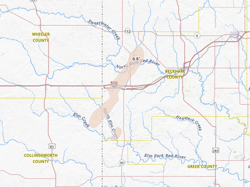 Radar-estimated hail-size map of the storm over Erick, OK on Apr 1, 2026