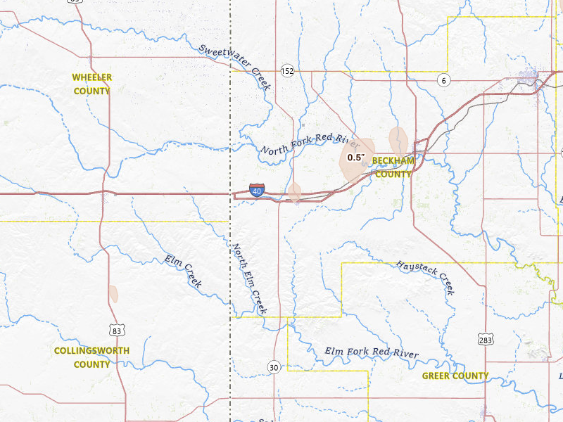 Radar-estimated hail-size map of the storm over Erick, OK on Jun 3, 2026