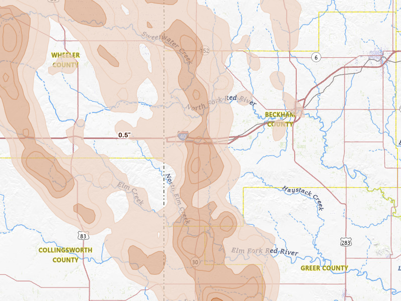 Radar-estimated hail-size map of the storm over Erick, OK on Jun 23, 2026