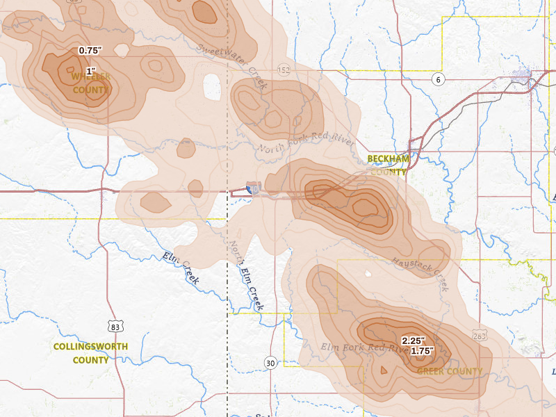 Radar-estimated hail-size map of the storm over Erick, OK on Jun 25, 2026