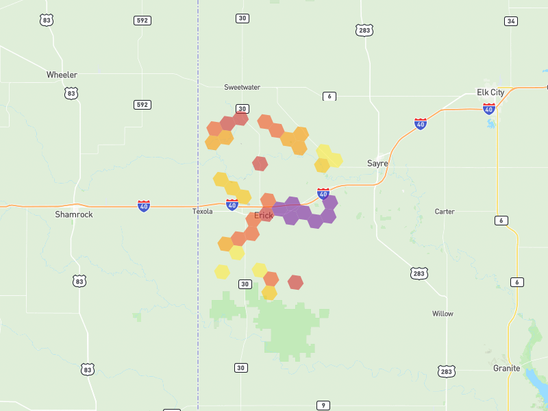 Hail map of Erick, OK on Jun 26, 2026, hail up to 3.75"
