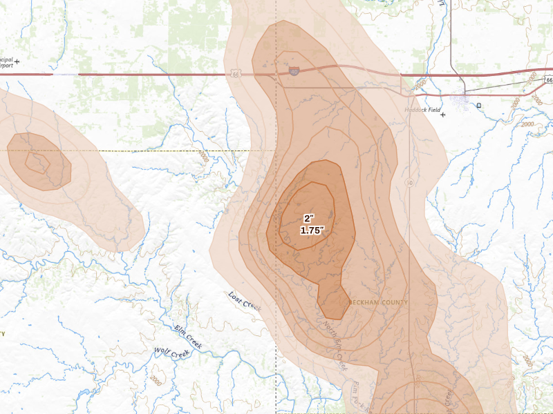 Radar-estimated hail-size map of the storm over Erick, OK on Aug 25, 2026