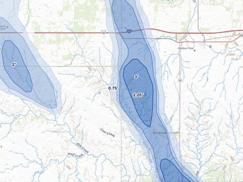 NEXRAD radar-signature map of the hail storm over Erick, OK on Aug 25, 2026