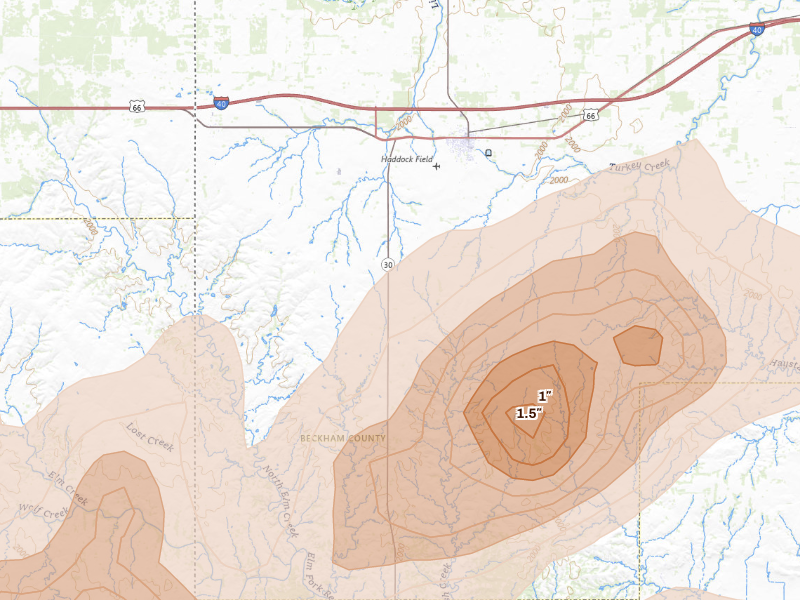 Radar-estimated hail-size map of the storm over Erick, OK