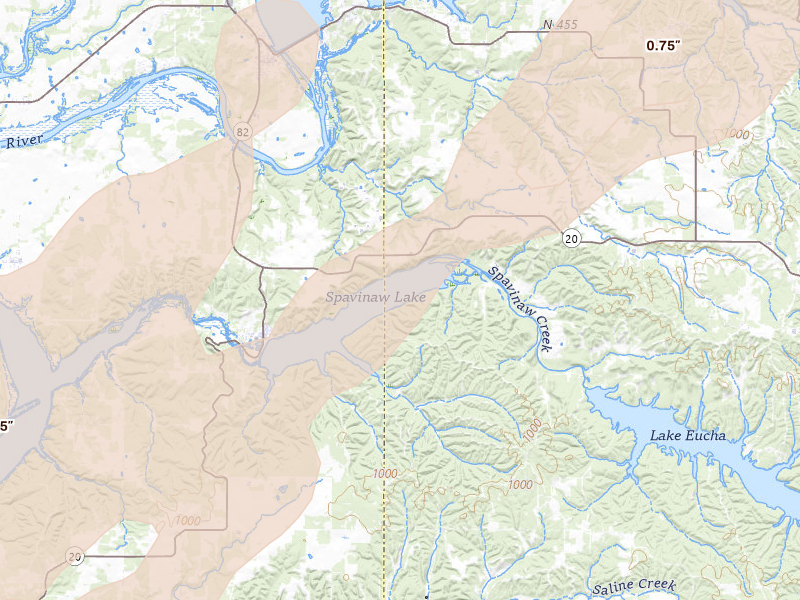 Radar-estimated hail-size map of the storm over Eucha, OK on Mar 6, 2026