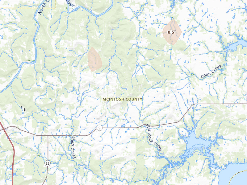 Radar-estimated hail-size map of the storm over Eufaula, OK on May 19, 2026