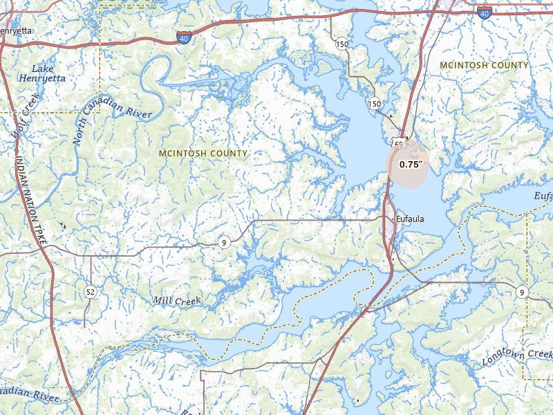 Radar-estimated hail-size map of the storm over Eufaula, OK on Jul 2, 2026
