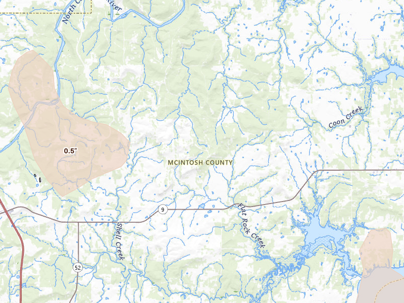 Radar-estimated hail-size map of the storm over Eufaula, OK on Jul 4, 2026